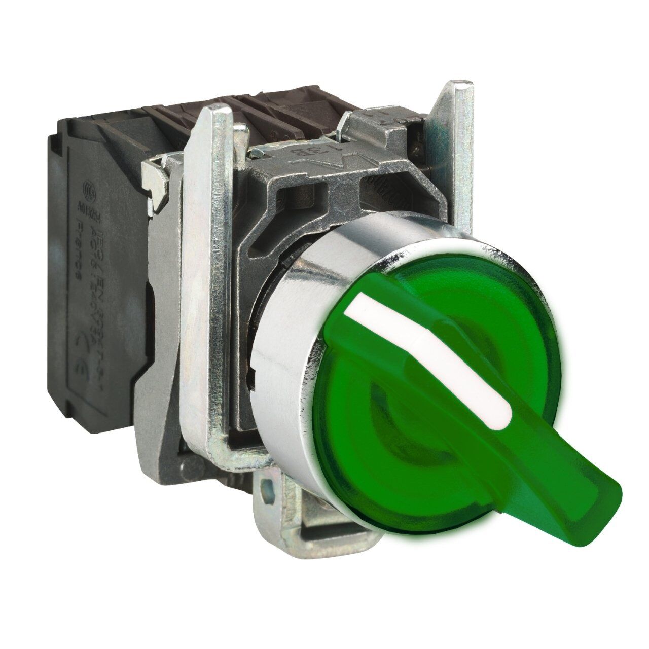 Schneider Electric XB4BK123B5 Yeşil ışıklı mandal buton Ø22 2 konumlu sabit 1NA+1NK 24V