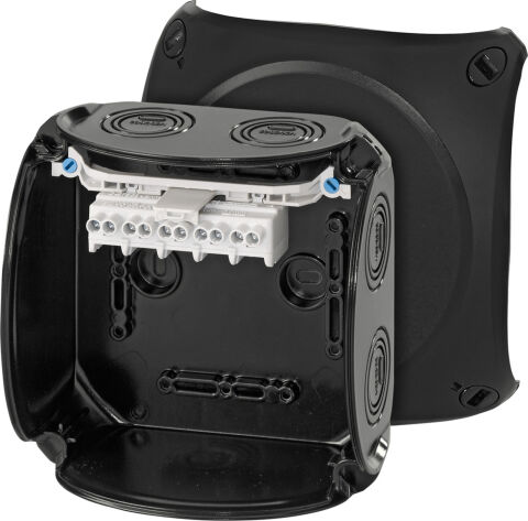 Hensel KF 0604 B 130x130x77    Harici Ortam Buatı; IP66/67-IP69, IK09, PC-GFS, H/S F, FR, UV, Kırmalı Tip (Rakor Gerektirir), RAL 9011 (Siyah), 5 Kutuplu /8x1.5…2x6mm²/ Cu