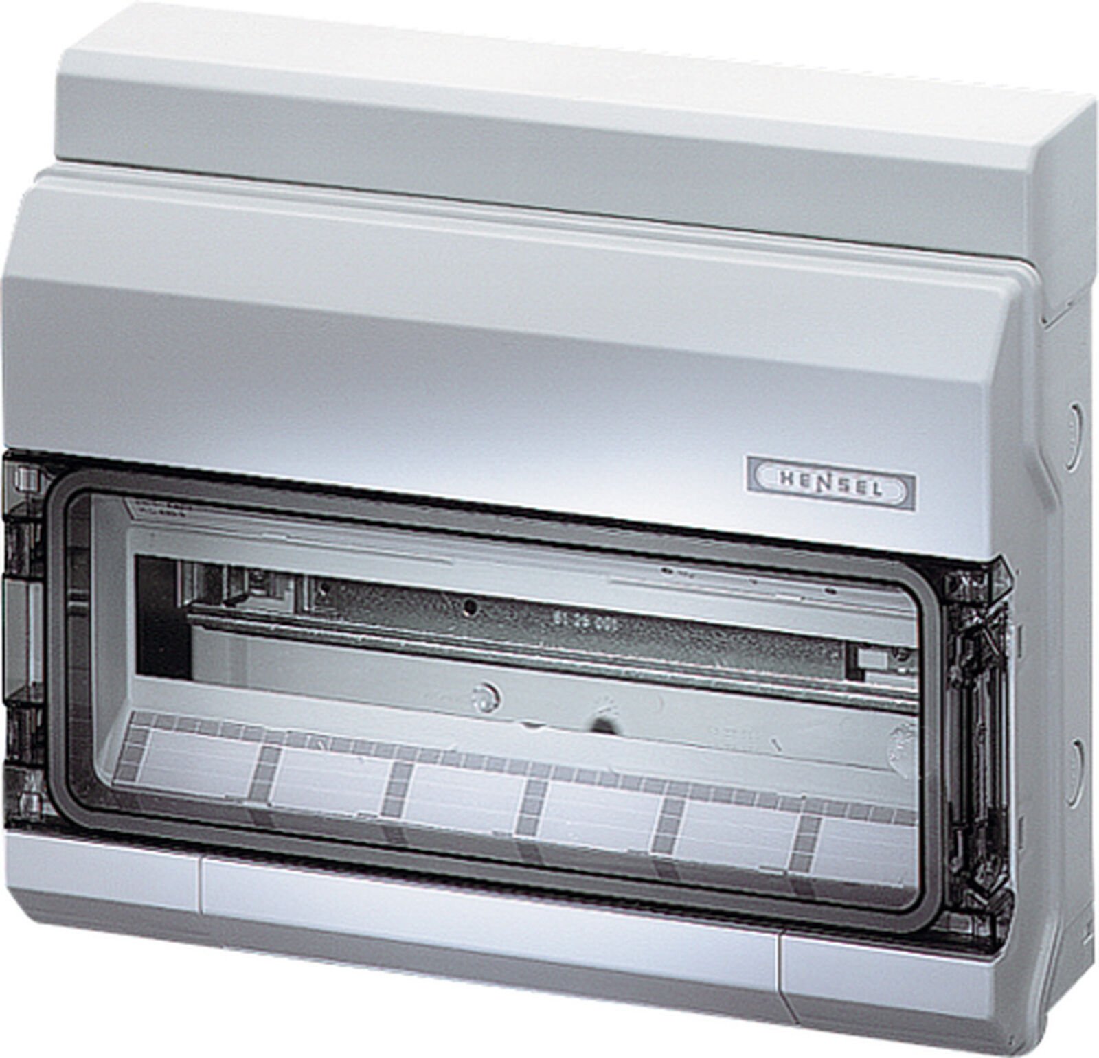 Hensel KV 8118 403x333x129   KV-Sigorta Kutusu; IP65, 1x18/18 Modül, IK08, PS, H/S F, FR, Elastik Membranlı, RAL 7035 (Gri), Şeffaf Kapaklı