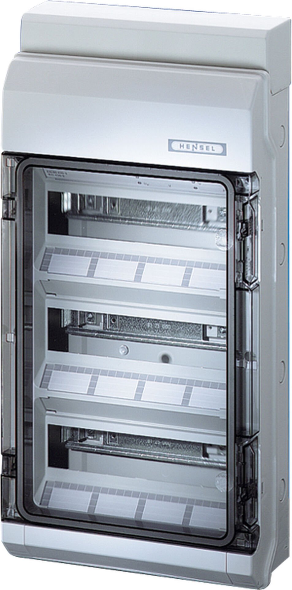 Hensel KV 8336 295x583x129   KV-Sigorta Kutusu; IP65, 3x12/36 Modül, IK08, PS, H/S F, FR, Elastik Membranlı, RAL 7035 (Gri), Şeffaf Kapaklı