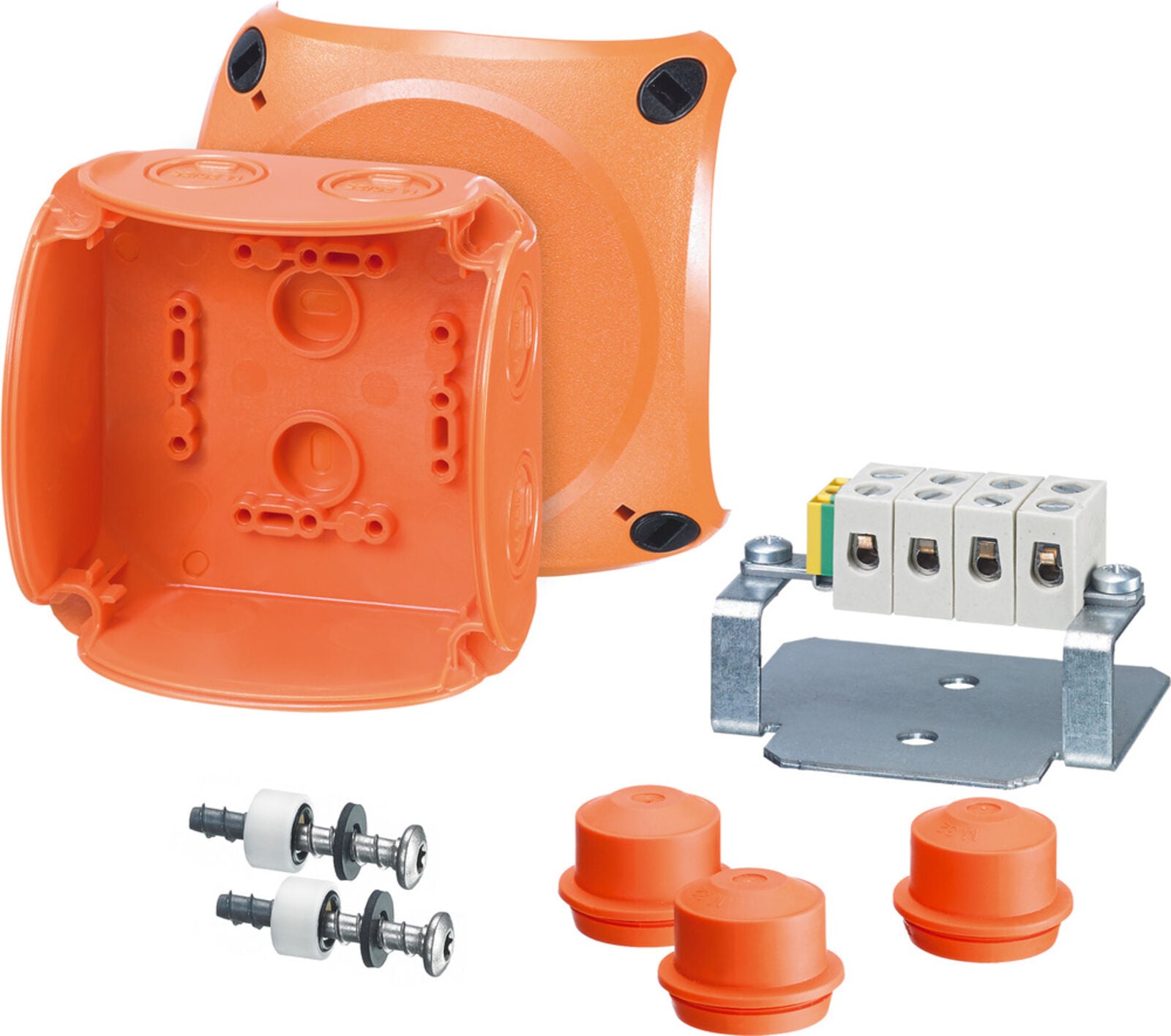 Hensel FK 0404 104x104x70    Yangın Buatı; IP66, IK09, PC-GFS, H/S F, FR, Kırmalı Tip (Rakor Gerektirir), RAL 2003 (Turuncu), 5 Kutuplu /8x1.5-4x2.5- 2x4mm²/ Cu