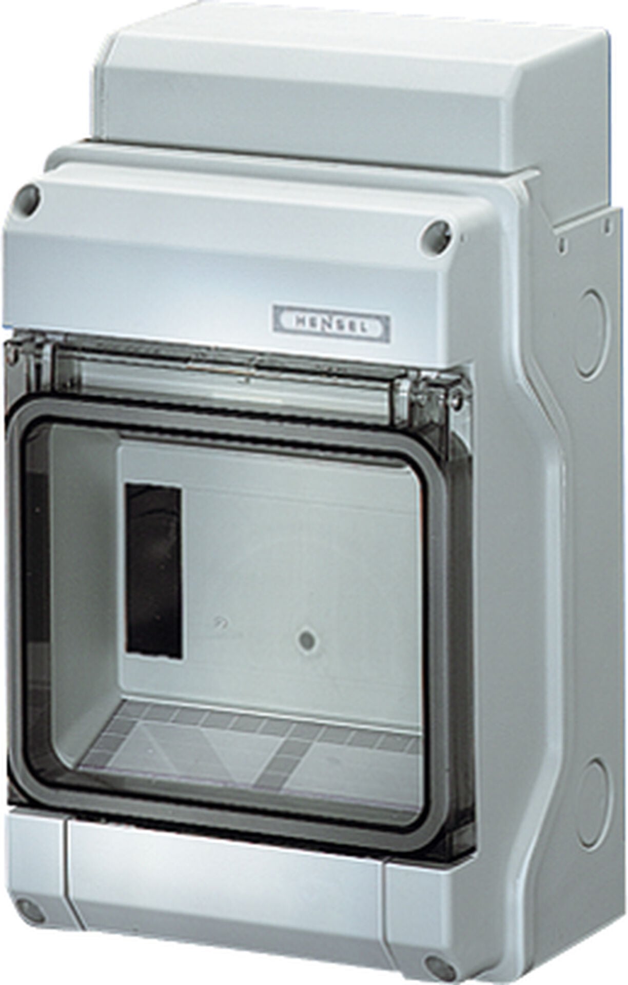 Hensel KV 1606 146x238x111   Sigorta Kutusu; IP54,1x6/6 Modül, IK 08, PS, H/S F, FR, Elastik Membranlı, RAL 7035 (Gri), Şeffaf Kapaklı