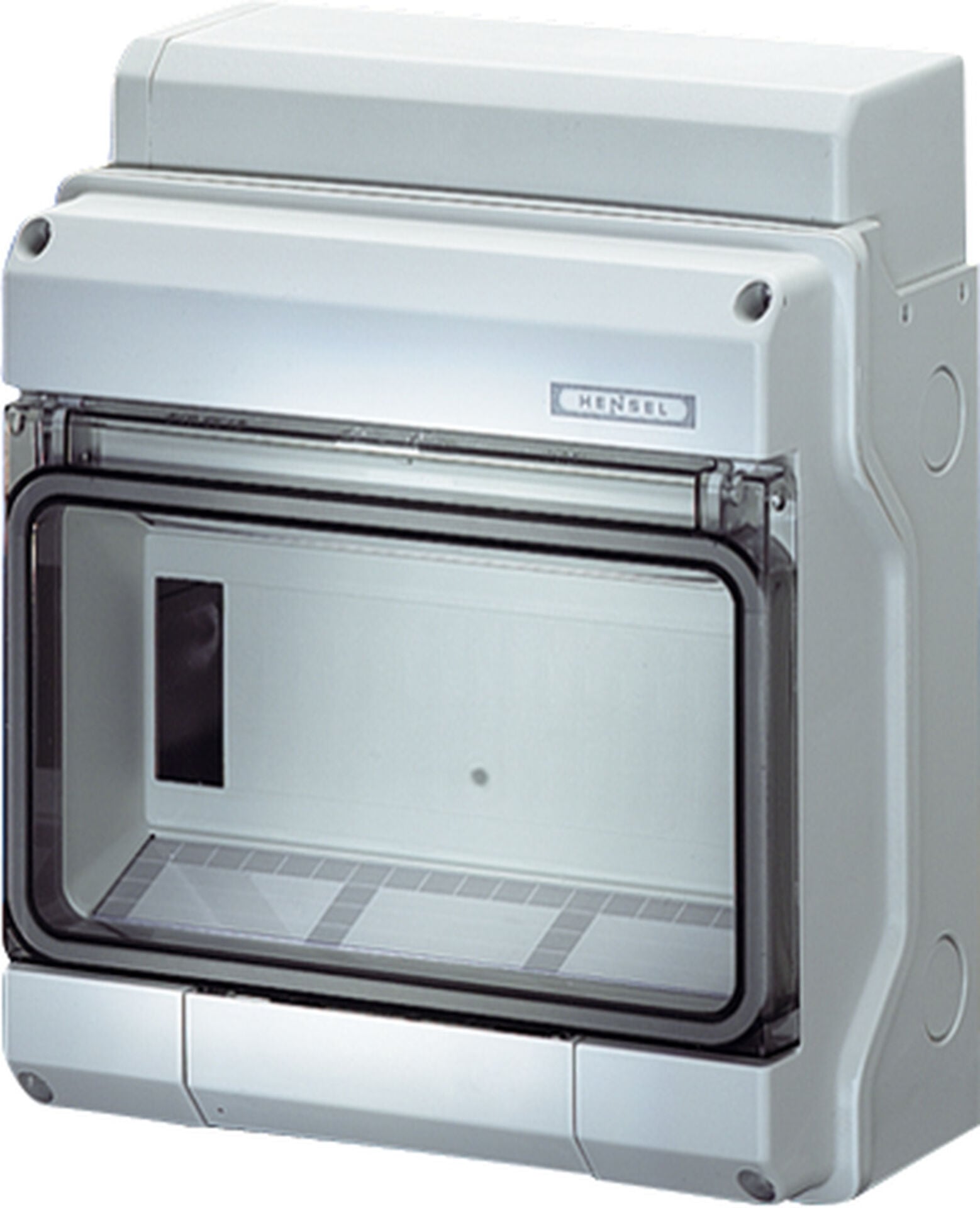 Hensel KV 1609 200x238x111   Sigorta Kutusu; IP54,1x9/9 Modül, IK 08, PS, H/S F, FR, Elastik Membranlı, RAL 7035 (Gri), Şeffaf Kapaklı