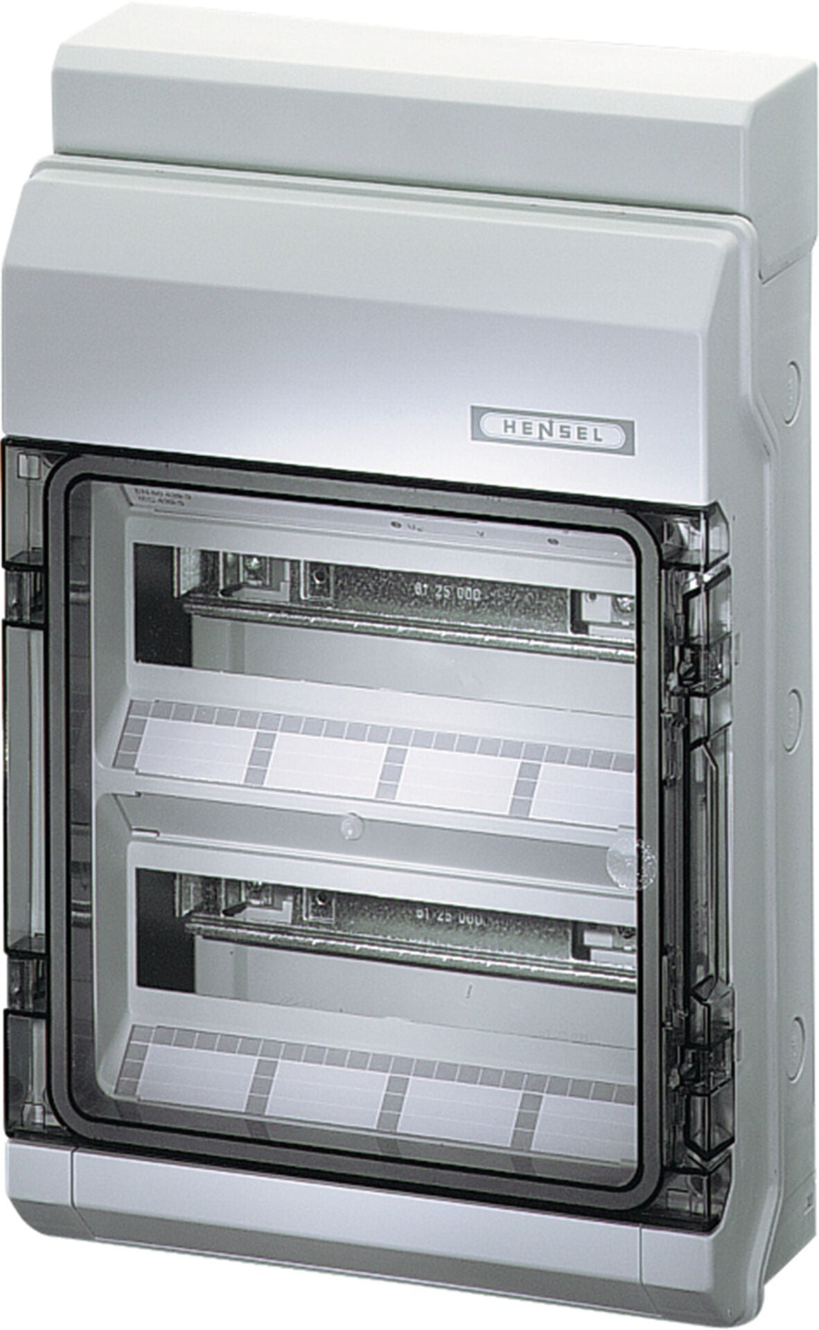 Hensel KV 2624 295x458x129   Sigorta Kutusu; IP54, 2x12/24 Modül, IK 08, PS, H/S F, FR, Elastik Membranlı, RAL 7035 (Gri), Şeffaf Kapaklı
