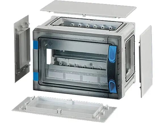 Hensel FP 1107 276x186x186   FP-Modüler Sigorta Kutusu; IP66, IK08, PC, H/S F, FR, Şeffaf Kapak, El ile Açma, RAL 7035 (Gri), Yan Duvarlı, 1x12/12 Modül (DIN Rail)