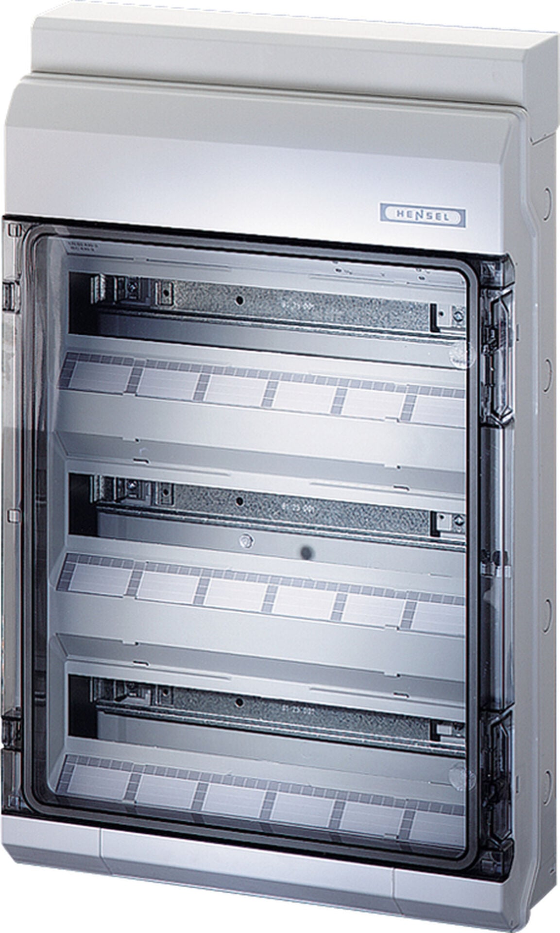 Hensel KV 3654 403x630x129   Sigorta Kutusu; IP54, 3x18/54 Modül, IK 08, PS, H/S F, FR, Elastik Membranlı, RAL 7035 (Gri), Şeffaf Kapaklı