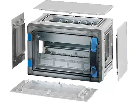 Hensel FP 1108 276x186x186   FP-Modüler Sigorta Kutusu; IP66, IK08, PC, H/S F, FR, Şeffaf Kapak, El ile Açma, RAL 7035 (Gri), Yan Duvarlı, 1x9/9 Modül, N/PE Klemensli