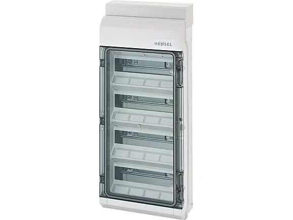 Hensel KV 9448 295x708x129   KV-Sigorta Kutusu; IP65, 4x12/48 Modül, IK08, PS, H/S F, FR, Elastik Membranlı, RAL 7035 (Gri), Şeffaf Kapaklı, N/PE Klemensli