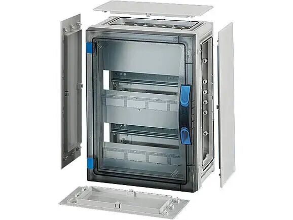 Hensel FP 1217 276x366x186   FP-Modüler Sigorta Kutusu; IP66, IK08, PC, H/S F, FR, Şeffaf Kapak, El ile Açma, RAL 7035 (Gri), Yan Duvarlı, 2x12/24 Modül (DIN Rail)