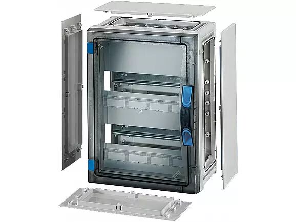 Hensel FP 1218 276x366x186   FP-Modüler Sigorta Kutusu; IP66, IK08, PC, H/S F, FR, Şeffaf Kapak, El ile Açma, RAL 7035 (Gri), Yan Duvarlı, 2x12/24 Modül, N/PE Klemensli