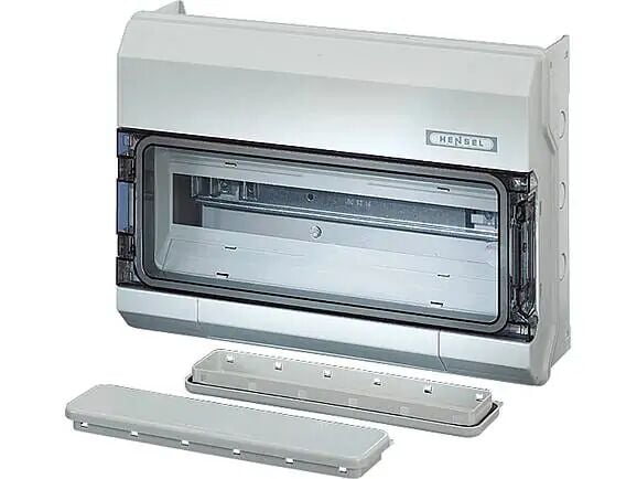 Hensel KV 8118 G 403x333x129   Sigorta Kutusu; IP65,1x18/18 Modül, IK 08, PS, H/S F, FR, Düz Flanş, RAL 7035 (Gri), Şeffaf Kapaklı