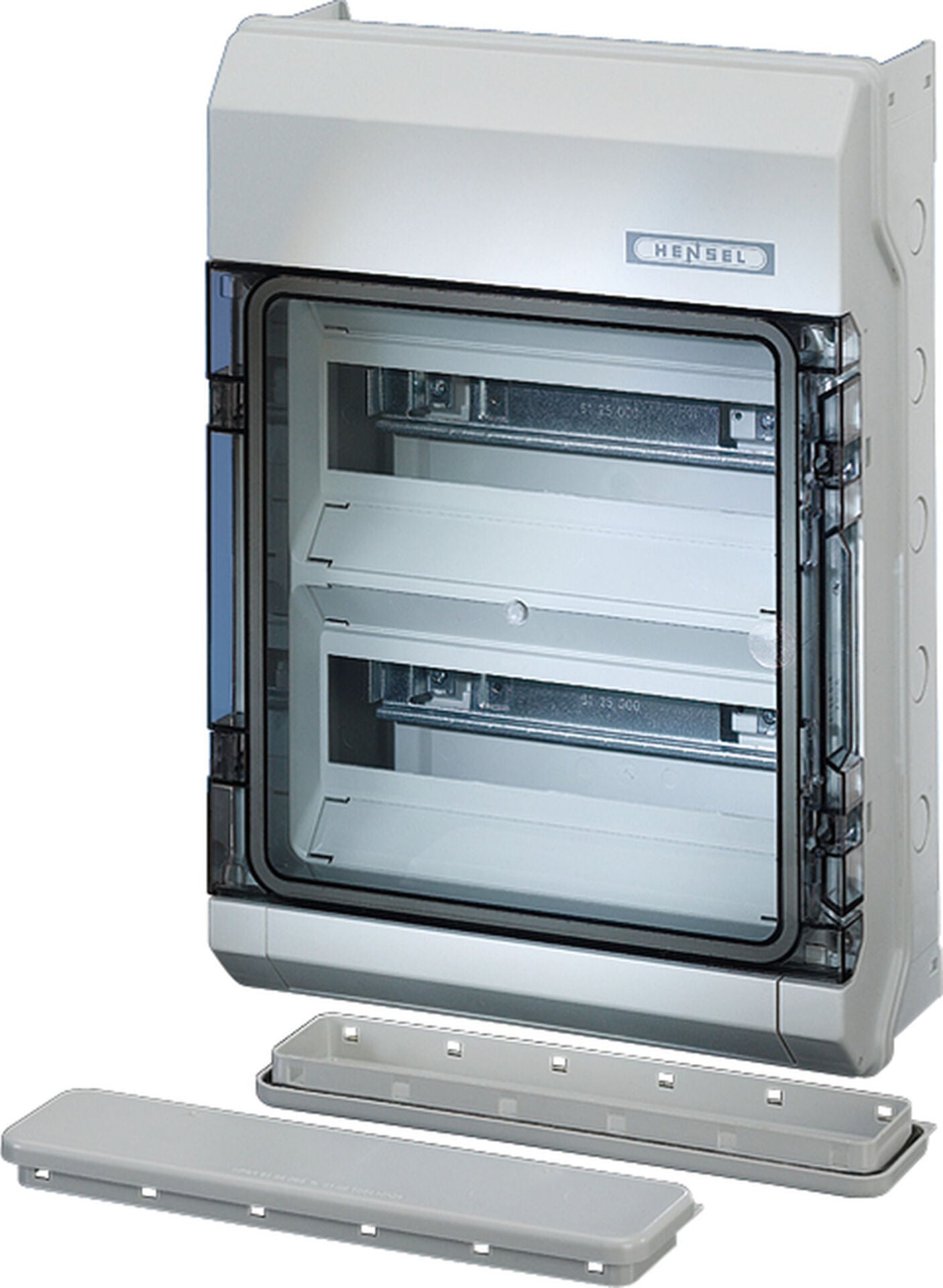Hensel KV 8224 G 295x458x129   Sigorta Kutusu; IP65,2x12/24 Modül, IK 08, PS, H/S F, FR, Düz Flanş, RAL 7035 (Gri), Şeffaf Kapaklı