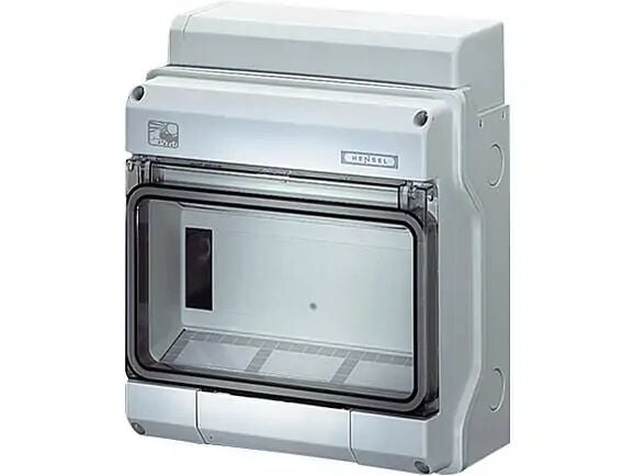Hensel KV PC 6109 200x238x111   Harici Ortam Sigorta Kutusu; IP65, 1x9/9 Modül, IK 08, PC, H/S F, FR, UV, Kırmalı Tip (Rakor Gerektirir), RAL 7035 (Gri), Şeffaf Kapaklı