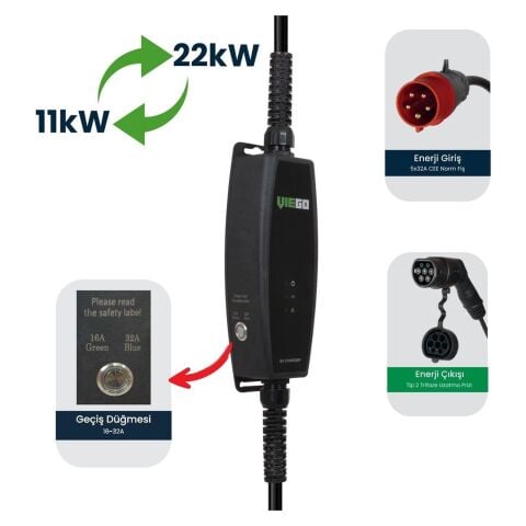 Viego 11 kW / 22 kW - Mobil Şarj Cihazı+3,7 kW Dönüştürücü