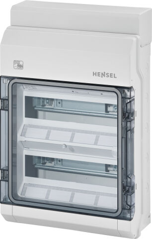 Hensel KV PC 9224 295x458x129   Harici Ortam Sigorta Kutusu; IP65, 2x12/24 Modül, IK 08, PC, H/S F, FR, UV, Elastik Membranlı, RAL 7035 (Gri), Şeffaf Kapaklı, +N/PE Klemensli