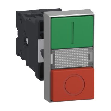 Schneider XA2EW7L3741M5 Çift Başlıklı Basmalı Düğme, Plastik, Gömme Basmalı, Yeşil Üzerinde ''I'' İşareti, Kırmızı Üzerinde ''O'' İşareti, Beyaz Pilot Işık Bloğu İle, 220 V Ac.