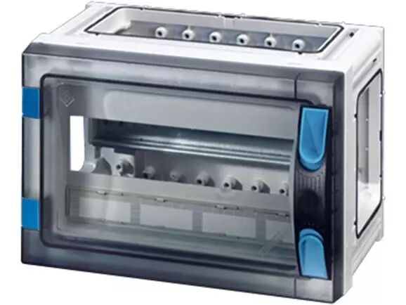 Hensel FP 1101 270x180x186   FP-Modüler Sigorta Kutusu; IP66, IK08, PC, H/S F, FR, Şeffaf Kapak, El ile Açma, RAL 7035 (Gri), Yan Duvarsız, 1x12/12 Modül