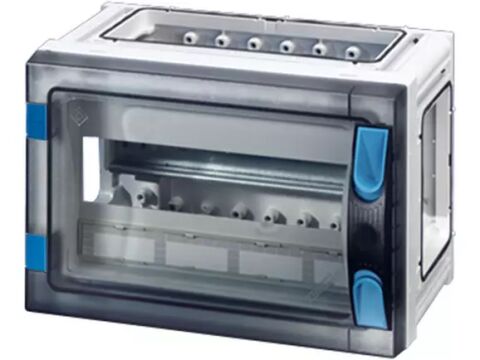 Hensel FP 1101 270x180x186   FP-Modüler Sigorta Kutusu; IP66, IK08, PC, H/S F, FR, Şeffaf Kapak, El ile Açma, RAL 7035 (Gri), Yan Duvarsız, 1x12/12 Modül