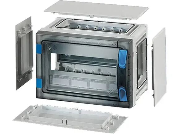 Hensel FP 1105 276x186x186   FP-Modüler Sigorta Kutusu; IP66, IK08, PC, H/S F, FR, Şeffaf Kapak, El ile Açma, RAL 7035 (Gri), Yan Duvarlı, 1x12/12 Modül