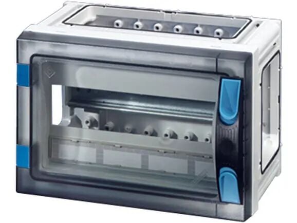 Hensel FP 1106 270x180x186   FP-Modüler Sigorta Kutusu; IP66, IK08, PC, H/S F, FR, Şeffaf Kapak, El ile Açma, RAL 7035 (Gri), Yan Duvarsız, 1x12/12 Modül (DIN Rail)