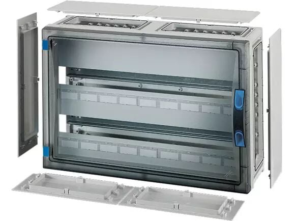 Hensel FP 1408 546x366x186   FP-Modüler Sigorta Kutusu; IP66, IK08, PC, H/S F, FR, Şeffaf Kapak, El ile Açma, RAL 7035 (Gri), Yan Duvarlı, 2x27/54 Modül, N/PE Klemensli