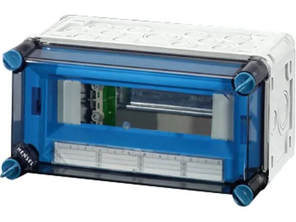 Hensel MI 1109 300x150x170    Mi-Modüler Sigorta Panosu; IP65, IK08, PC, H/S F, FR, Şeffaf Kapak, RAL 7035 (Gri), 1x9/9 Modül, N/PE Klemensli