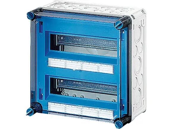 Hensel MI 1224 300x300x170    Mi-Modüler Sigorta Panosu; IP65, IK08, PC, H/S F, FR, Şeffaf Kapak, RAL 7035 (Gri), 2x12/24 Modül, N/PE Klemensli