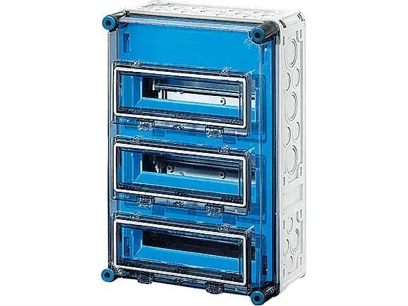 Hensel MI 1333 300x450x185    Mi-Modüler Sigorta Panosu; IP65, IK08, PC, H/S F, FR, Şeffaf Kapak, RAL 7035 (Gri), 3x12/36 Modül, Sigorta Pencereli, N/PE Klemensli