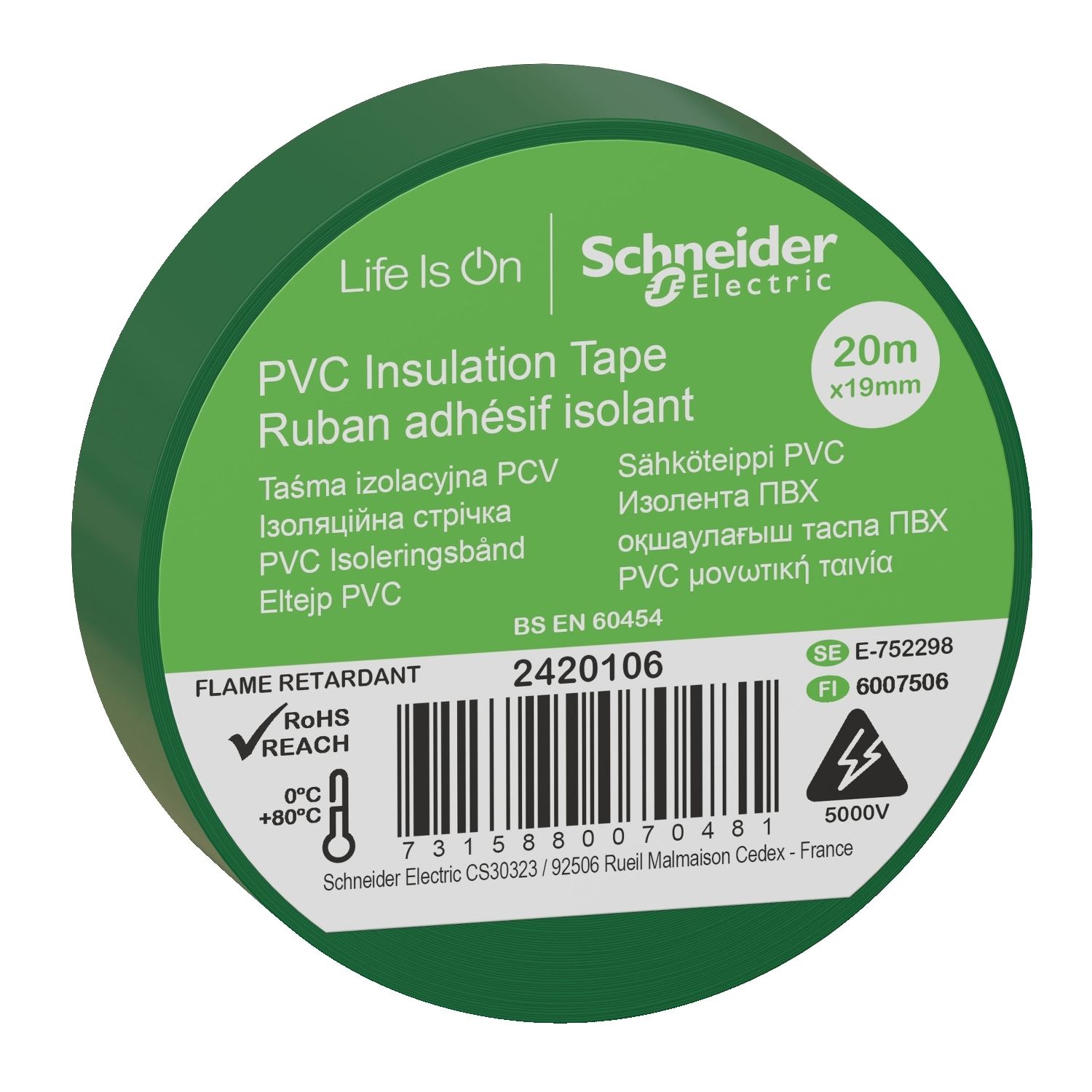 Schneider Electric 19mm 20mt Yeşil İzolasyon Bandı