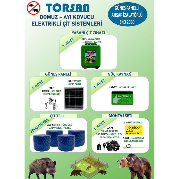 TORSAN GÜNEŞ PANELLİ EKO 2000 Elektrikli Çit Sistemi ( Domuz - Ayı Kovucu ) 2000MT