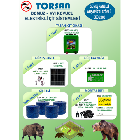 TORSAN GÜNEŞ PANELLİ EKO 2000 Elektrikli Çit Sistemi ( Domuz - Ayı Kovucu ) 2000MT