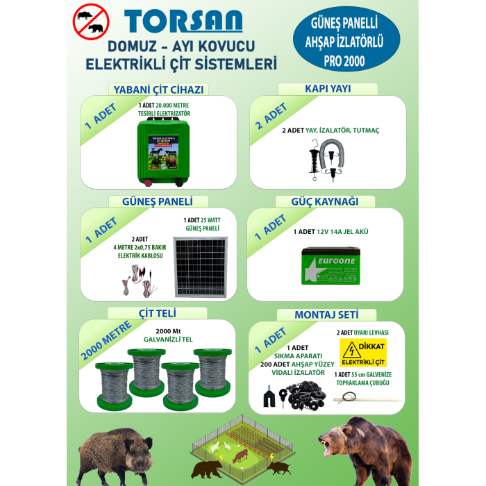 TORSAN GÜNEŞ PANELLİ PRO 2000 Elektrikli Çit Sistemi ( Domuz - Ayı Kovucu ) 2000MT