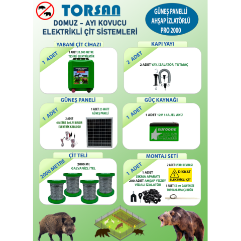 TORSAN GÜNEŞ PANELLİ PRO 2000 Elektrikli Çit Sistemi ( Domuz - Ayı Kovucu ) 2000MT