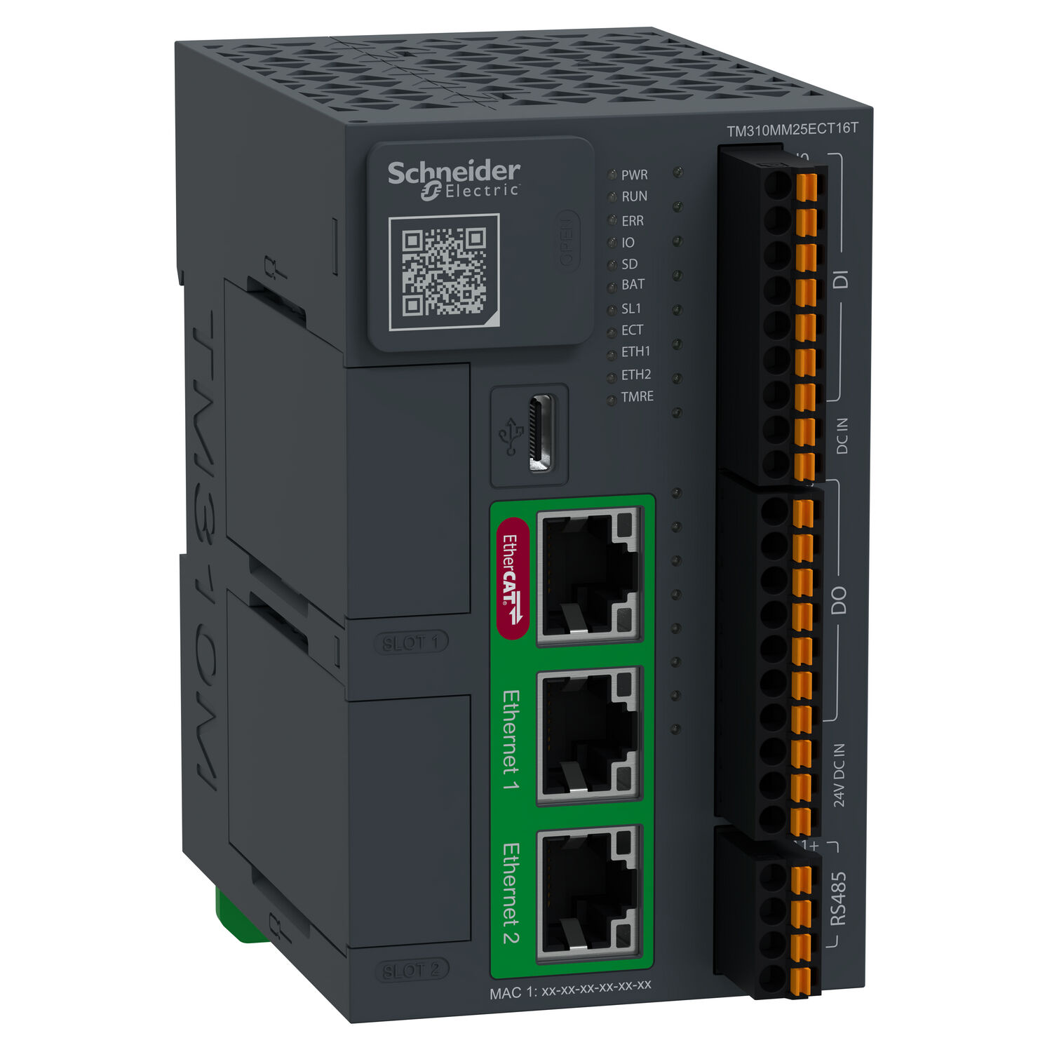 Schneider Electric TM310MM25ECT16T EtherCAT hareket kontrolörü, Modicon M310, 8 eksen, 8 giriş, 8 çıkış, transistör, PNP, EtherCAT, Ethernet, RS485